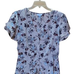Liz Claiborne Taupe Floral V-Neck Button Front Blouse
